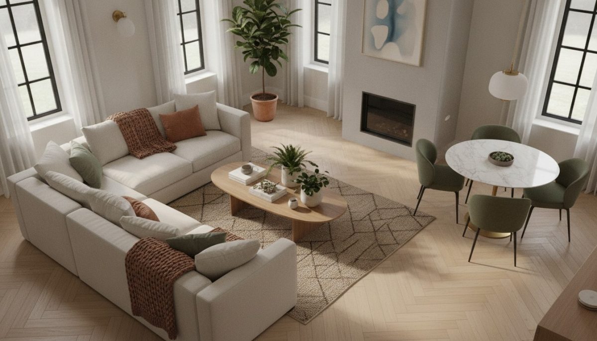 Salon chaleureux avec plaids et plantes